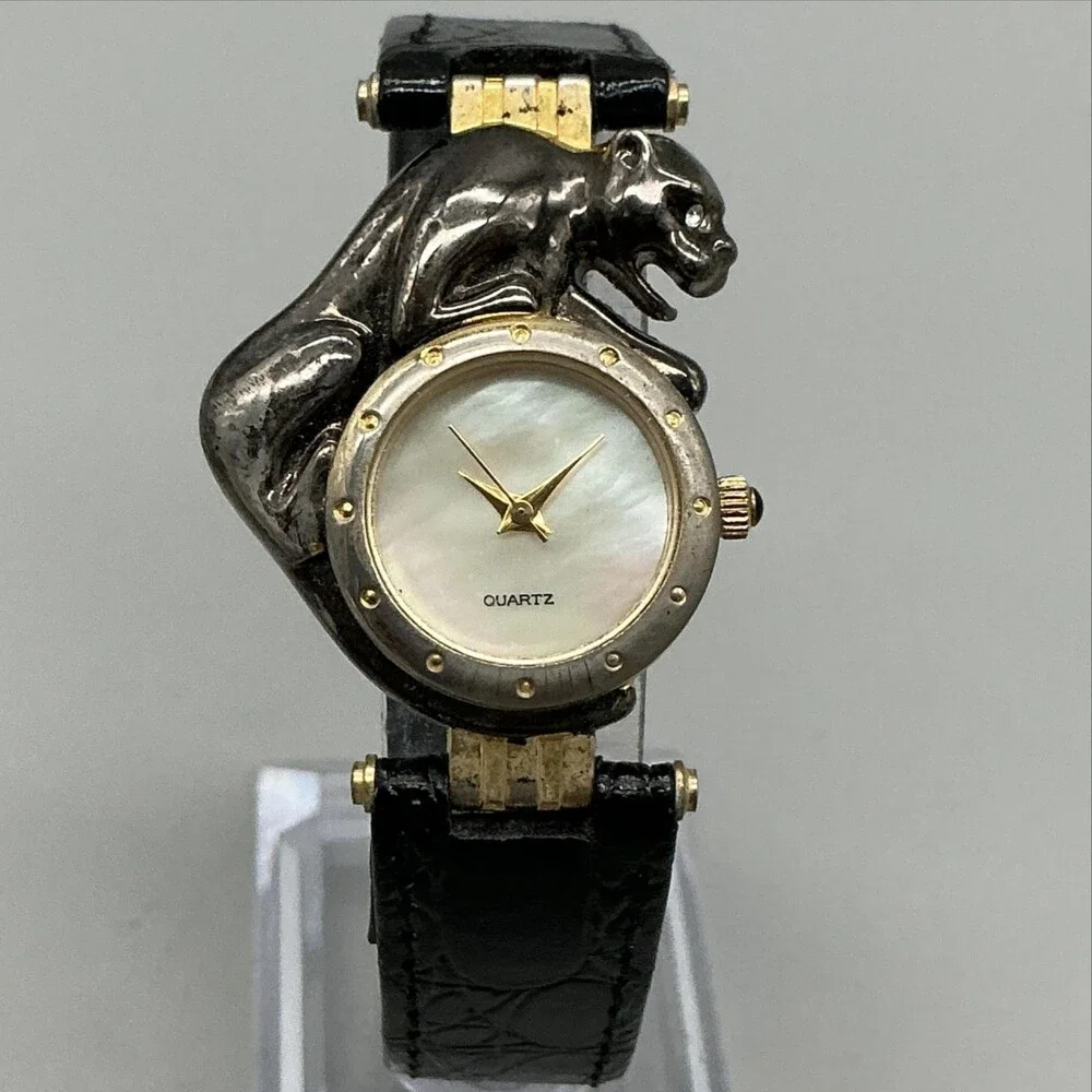 Womens Panther Watch 29mm MOP Dial Black Leather Dress Quartz New Battery